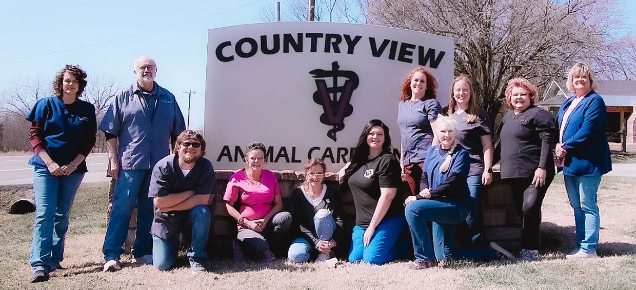 The Country View Animal Care Center team in front of the hand-painted COUNTRY VIEW ranch sign